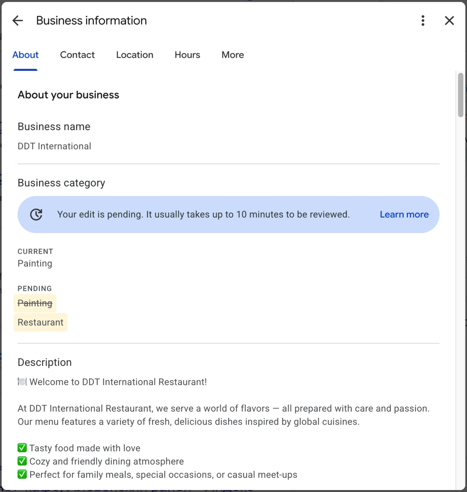 Category accuracy fix in progress Google Business Profile category accuracy fix showing a category correction from Painting to Restaurant
