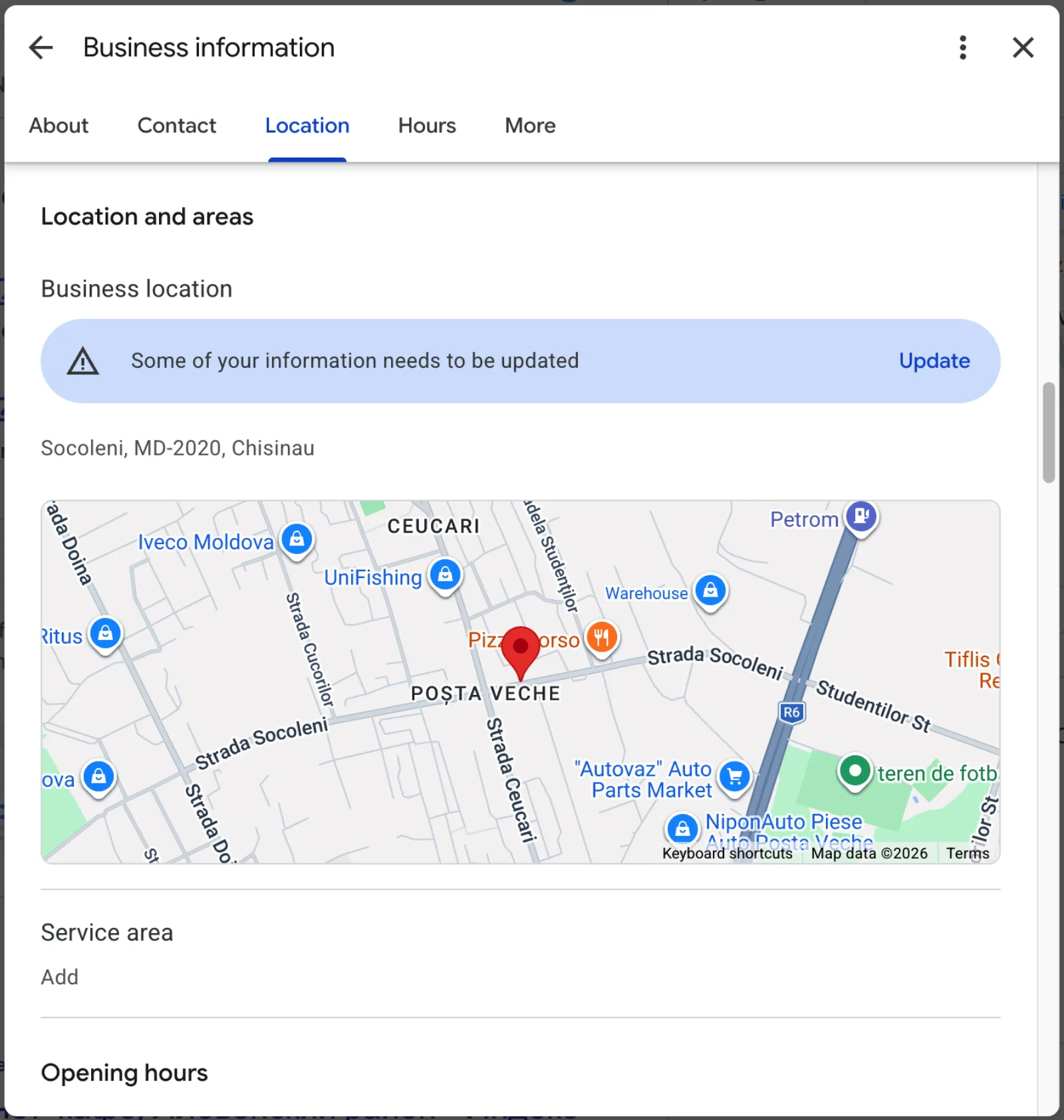 Profile fundamentals: address and location Google Business Profile fundamentals check showing the business address flagged as needing an update