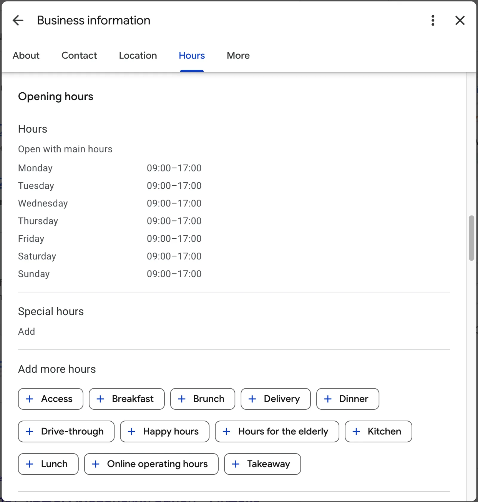 Profile fundamentals: hours Google Business Profile fundamentals check showing standard hours set but special holiday hours left blank