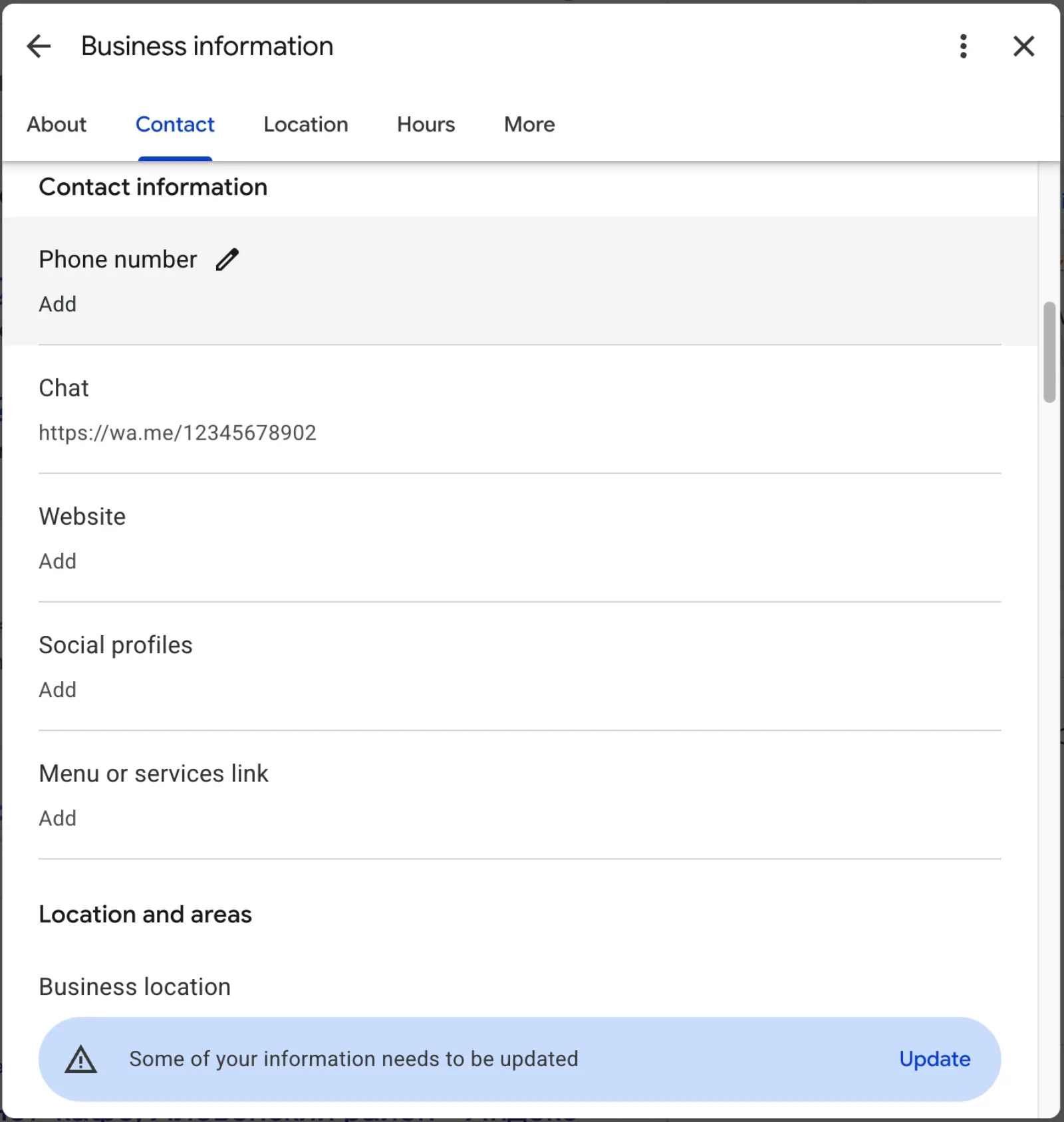 Profile fundamentals: phone number and website Google Business Profile fundamentals check showing blank phone number and website fields