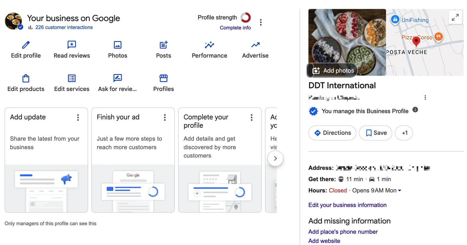 Local pack ranking view on Google Maps Google Business Profile dashboard next to a local pack map view showing nearby competitor pins