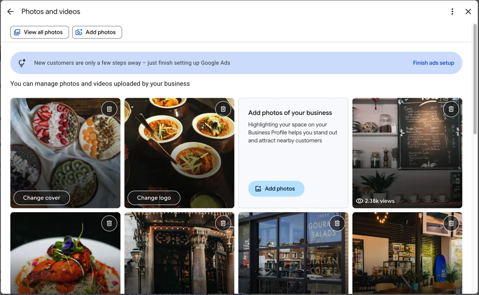 Photos and media on a Google Business Profile Google Business Profile photos and media tab showing cover photo, logo, and gallery images