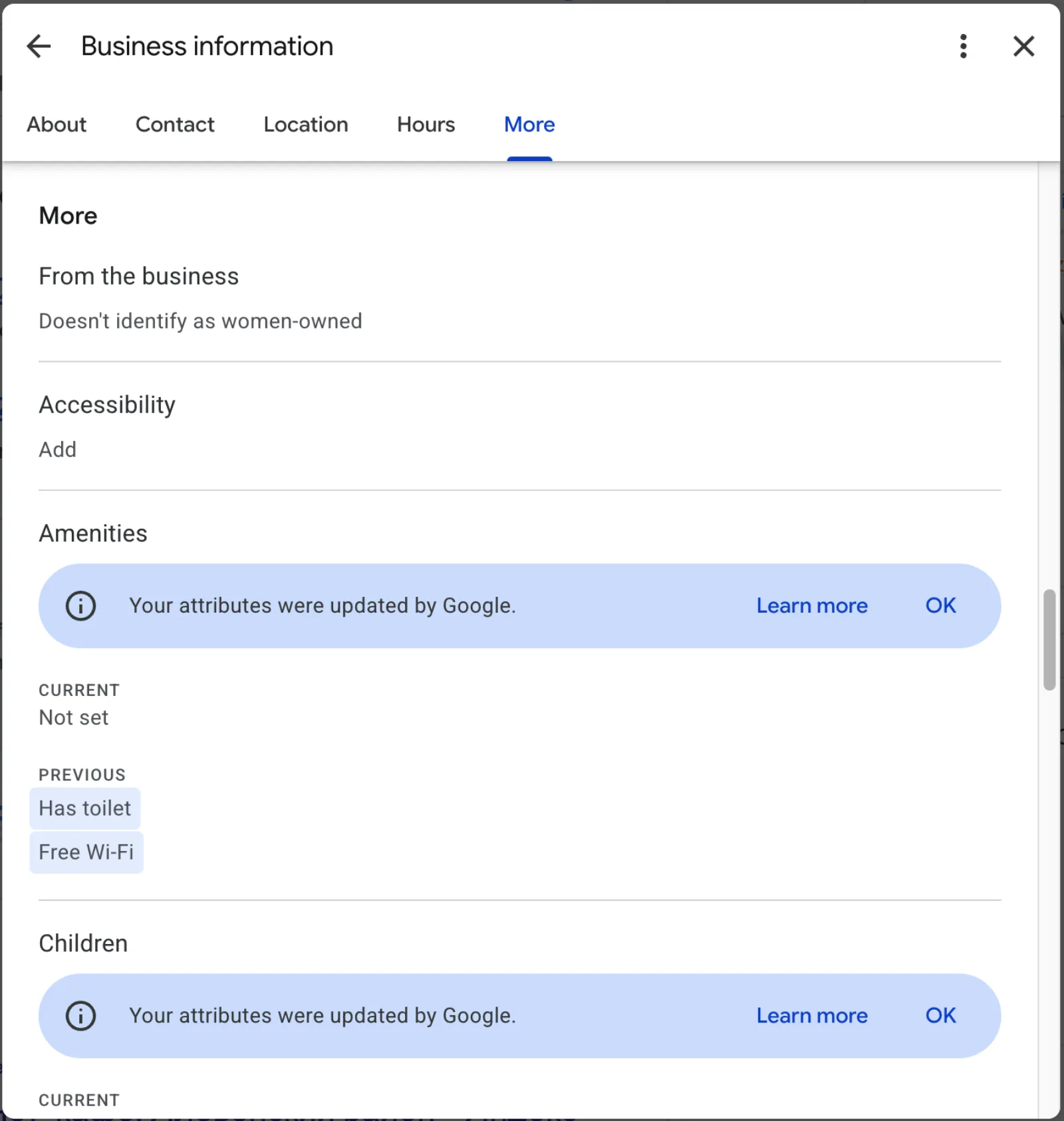 Trust and attributes left blank Google Business Profile trust and attributes section showing accessibility and amenities reset to not set