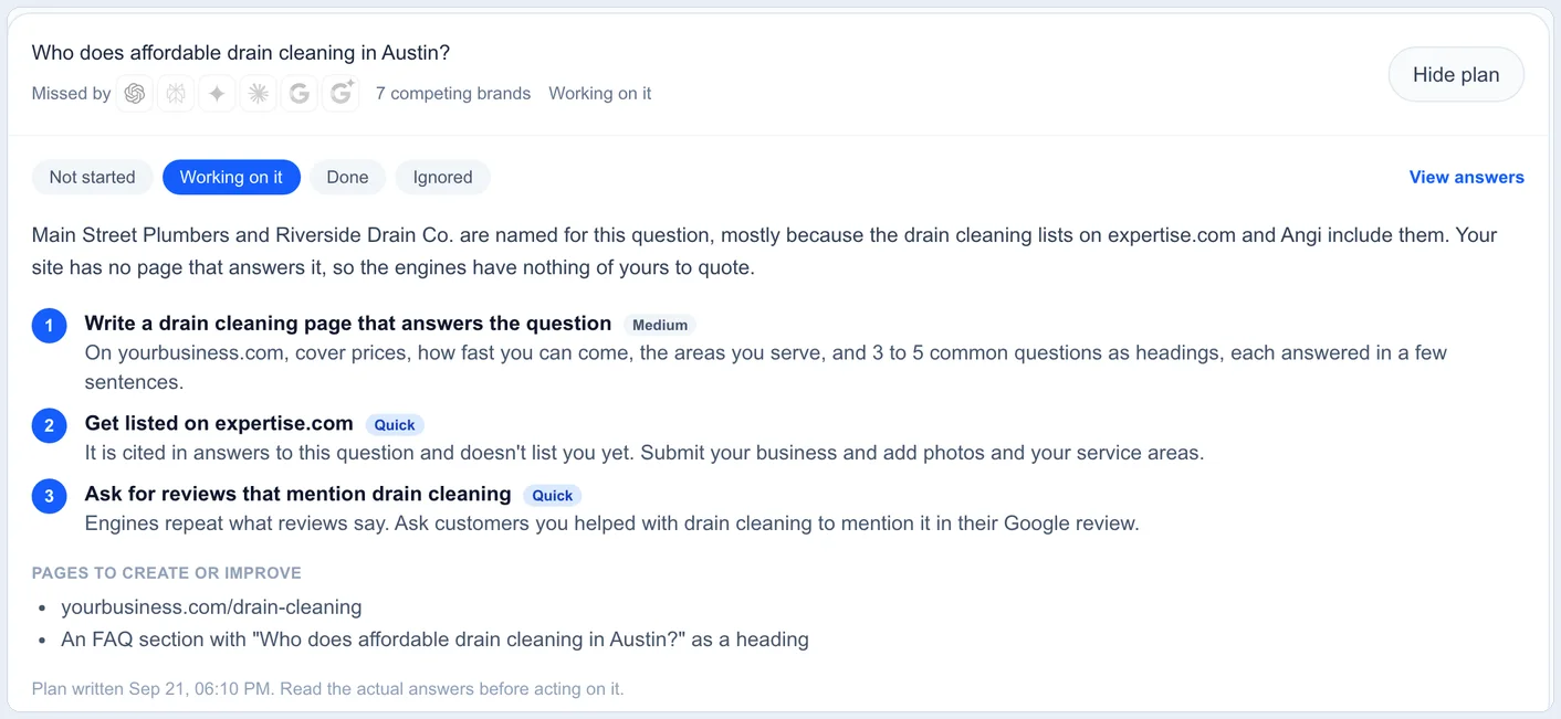 A fix plan for one lost question A fix plan for a question no AI engine named the business for: write a service page, get listed on a cited directory, and ask for reviews