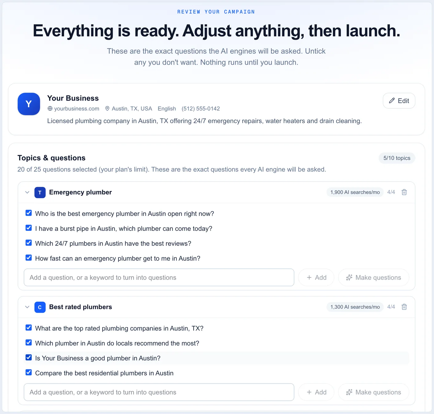 Customer questions written from the Google listing AI visibility campaign review page with customer questions written automatically from a plumber's Google listing, grouped by topic with monthly AI searches