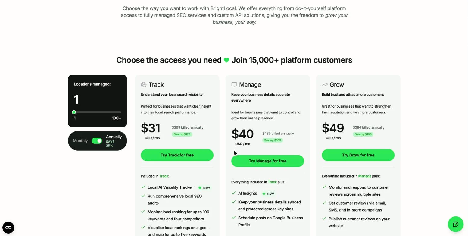 BrightLocal pricing page with Track, Manage and Grow plans