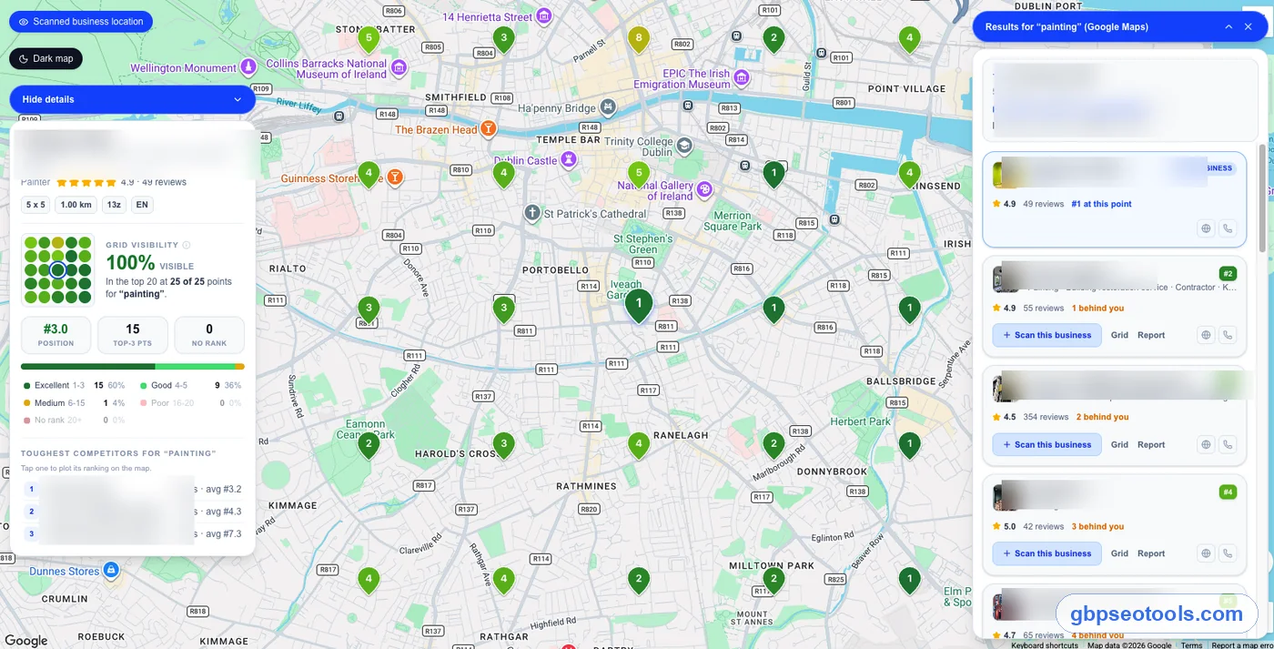 Glocavo Google Maps grid scan showing rank at every point