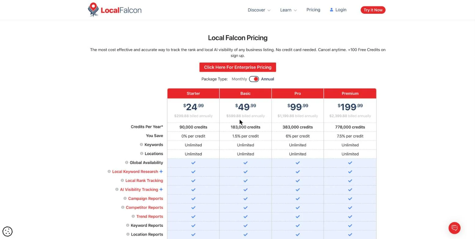 Local Falcon pricing page with Starter, Basic, Pro and Premium plans