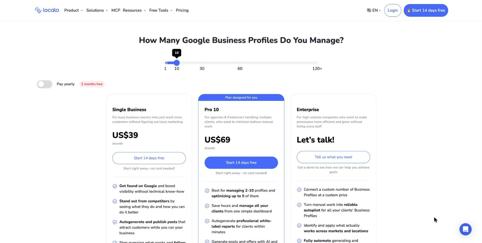 Localo pricing page, Single Business plan at $39 a month