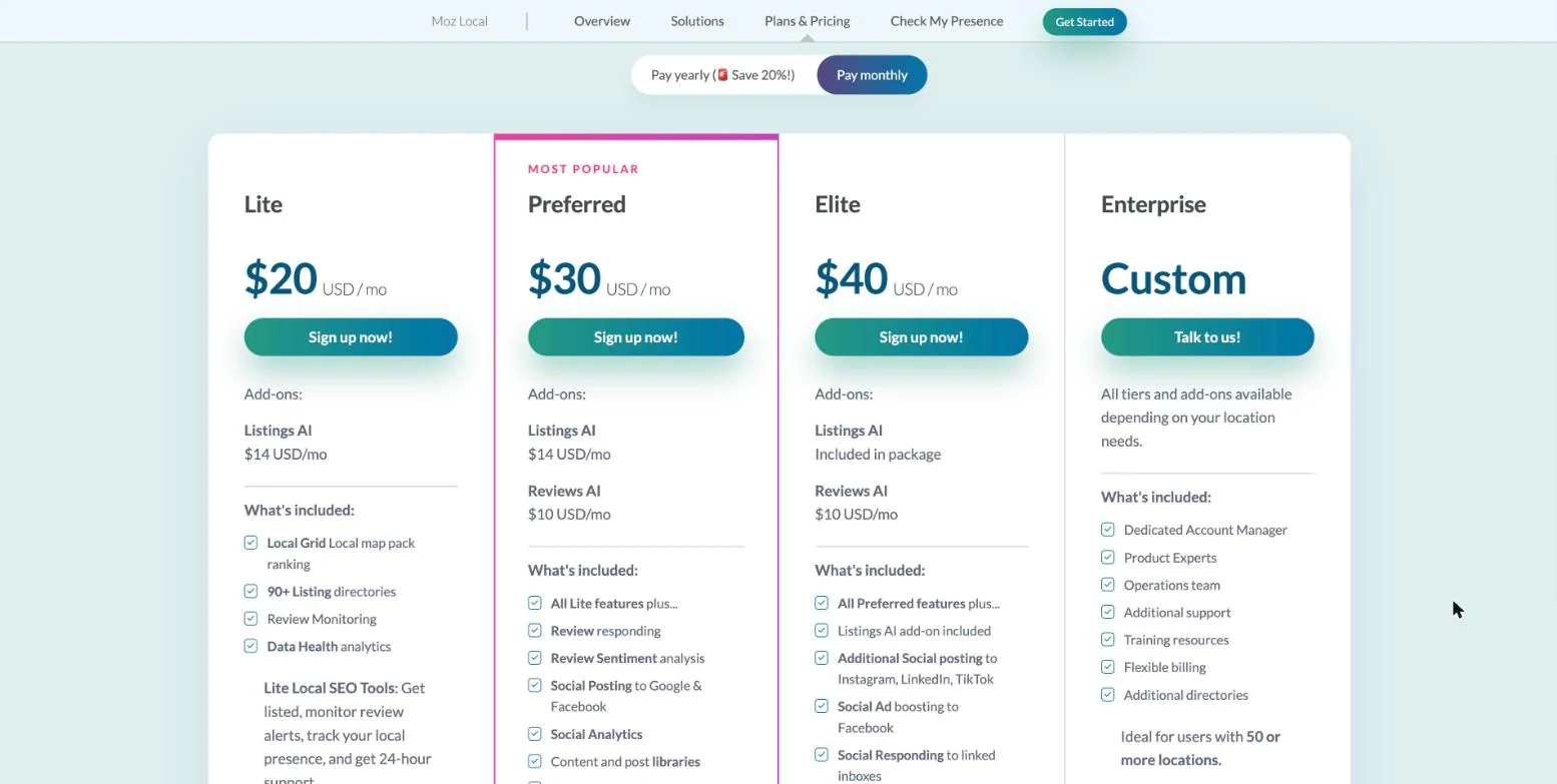 Moz Local pricing page, Lite plan includes Local Grid