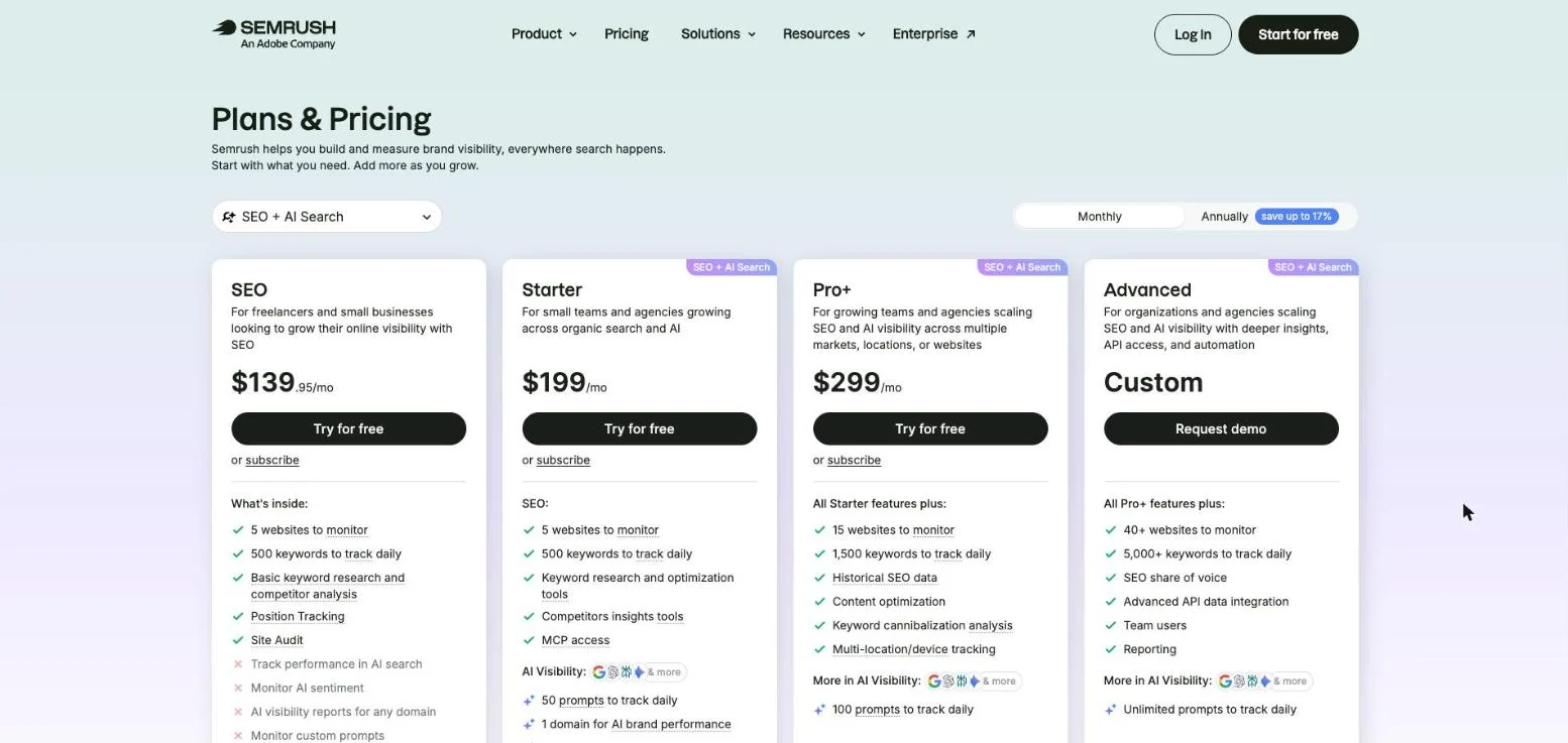 Semrush SEO + AI Search pricing, AI visibility from the $199 Starter plan