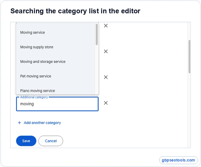 Category suggestions in the profile editor Google business category list suggestions after typing moving, including Moving service and Moving and storage service