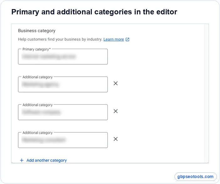Primary and additional categories in the profile editor Google Business Profile category editor showing one primary category and three additional categories