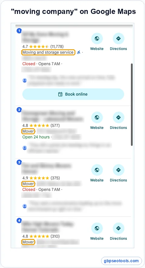 Google Maps results showing each business's category Google Maps results for moving company in Denver showing Mover and Moving and storage service as the categories
