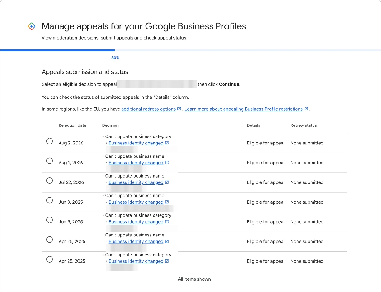 Appeals tool: moderation decisions and appeal status Google Business Profile appeals tool table of moderation decisions, each marked eligible for appeal with no appeal submitted