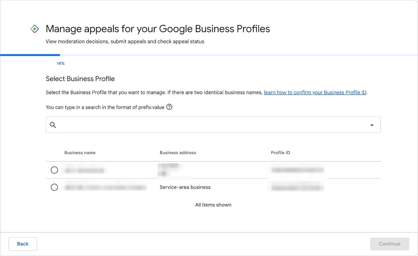 Appeals tool: select the suspended Business Profile Google Business Profile appeals tool screen to select the suspended profile, listing business name, address and Profile ID