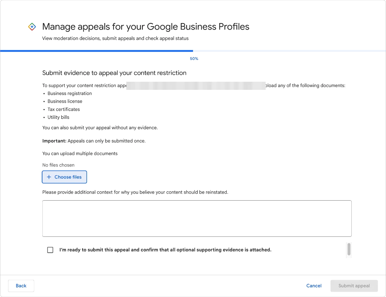 Appeals tool: submit evidence for a suspended profile appeal Google Business Profile appeal evidence screen listing business registration, license, tax certificates and utility bills, with a one-time submit button