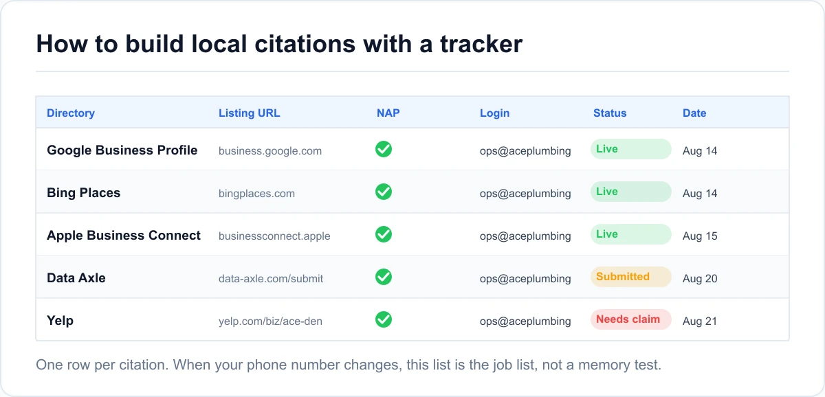 How to build local citations with a tracker A local citations tracker spreadsheet with columns for directory, listing URL, submitted NAP, login, status, and date