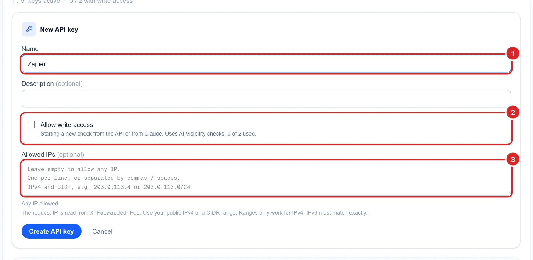 The New API key form with the name Zapier, the write access box unticked and an empty Allowed IPs field