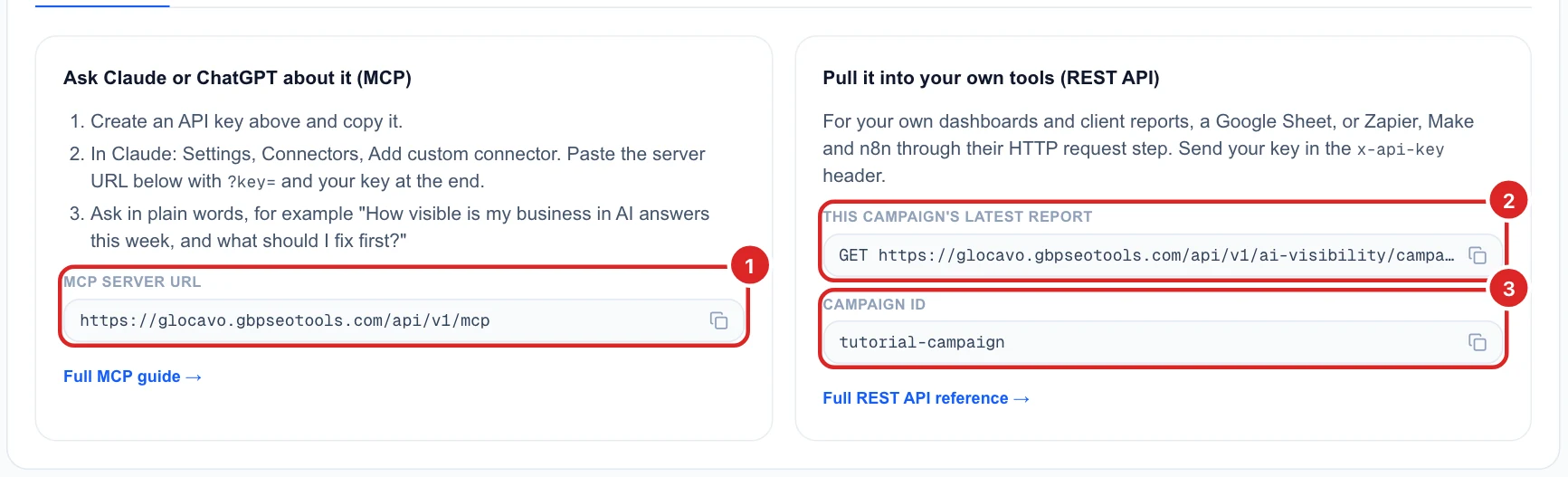 The Quick start tab with the MCP server URL, this campaign's latest report address and the campaign ID