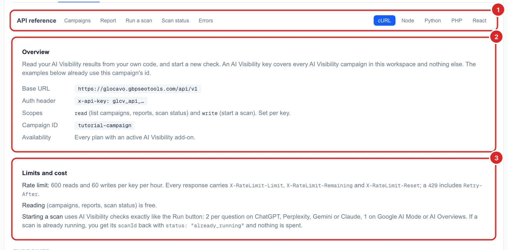 The REST API tab with the language picker, the overview and the limits and cost