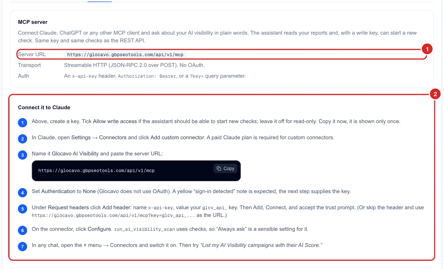 The MCP tab with the server URL and the seven steps to connect it to Claude