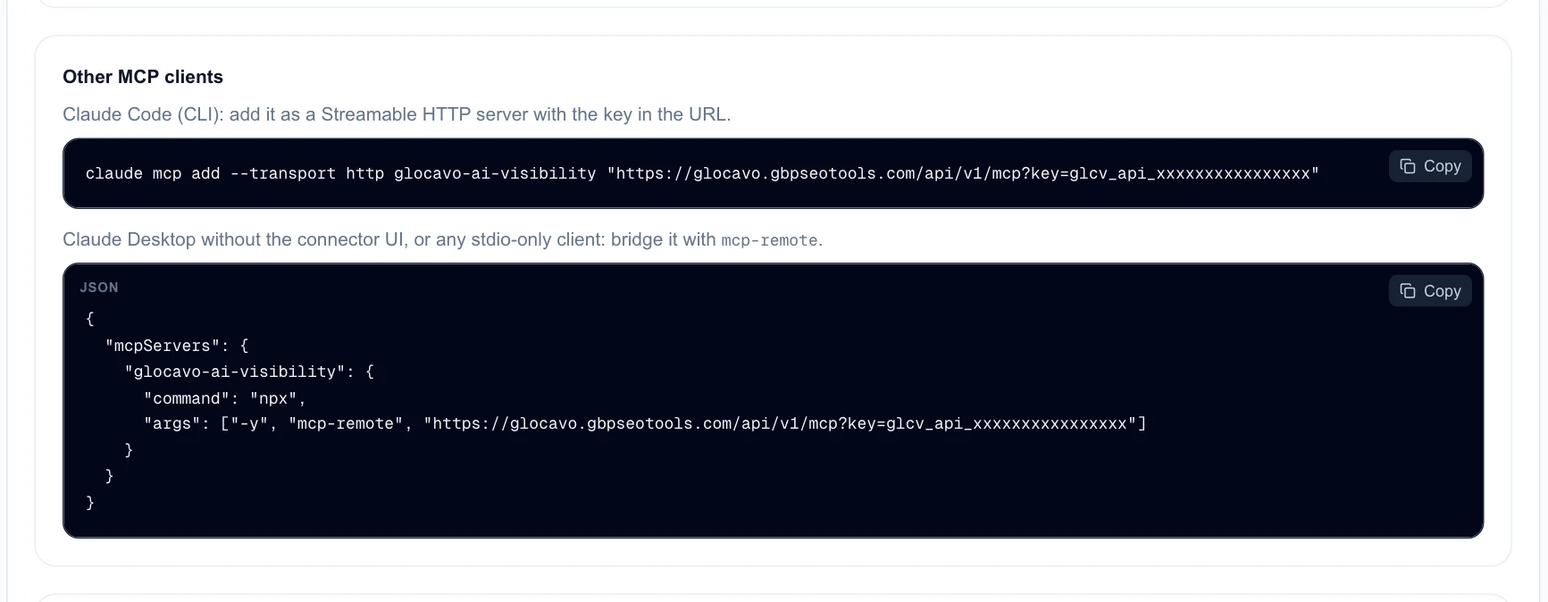 Other MCP clients: a Claude Code command and a JSON setup using mcp-remote