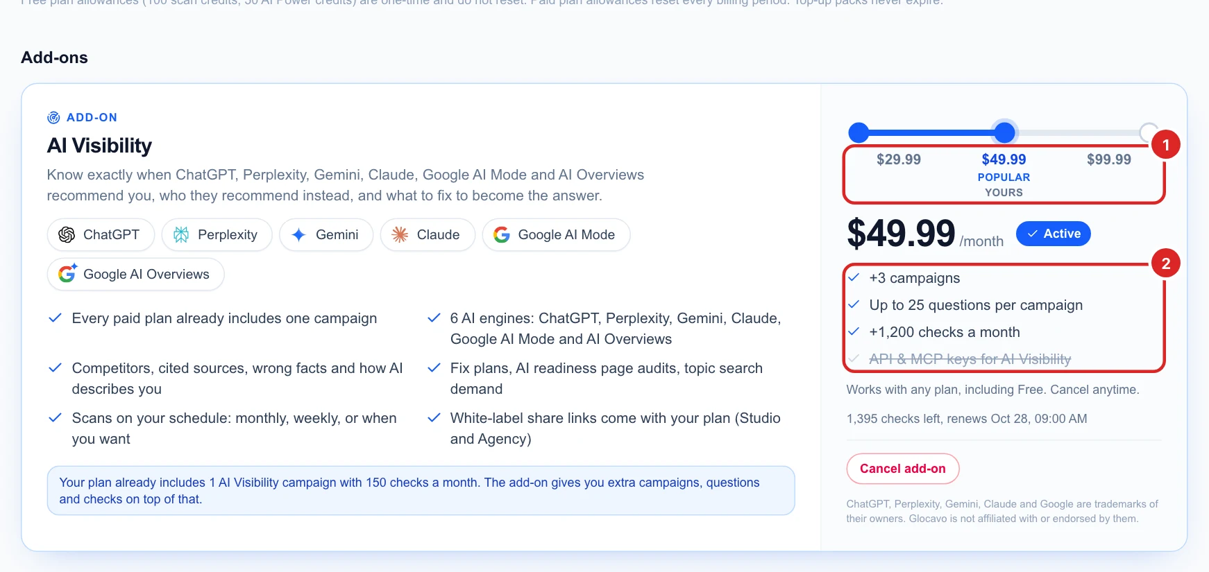 The AI Visibility add-on card with the three price levels and what the chosen level adds