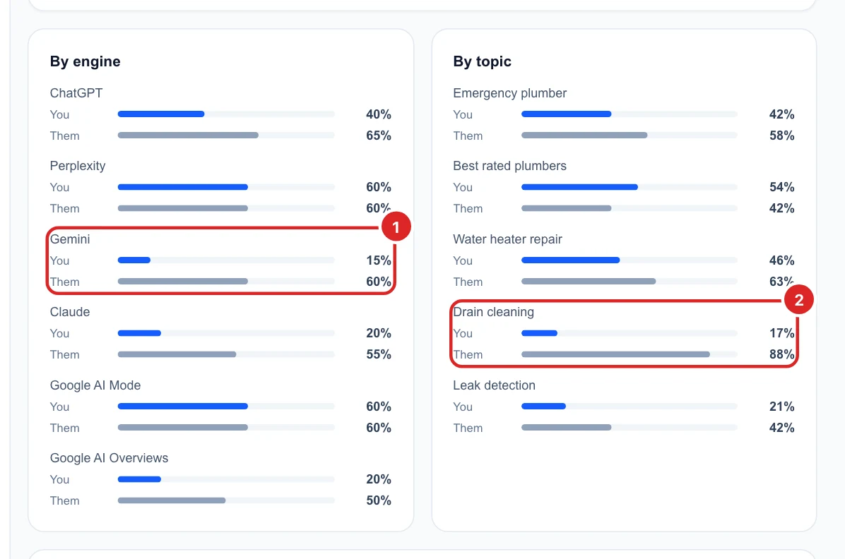 By engine and By topic bars for you and Main Street Plumbers, with Gemini and Drain cleaning highlighted