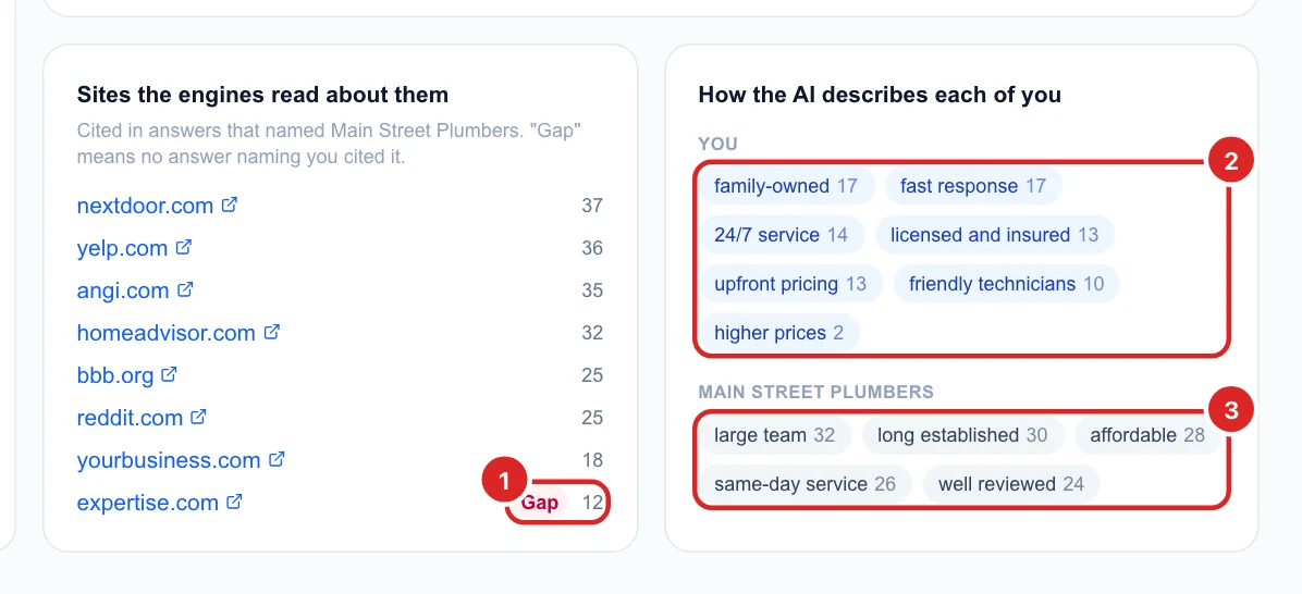 The sites cited about Main Street Plumbers with a Gap tag on expertise.com, and the words AI uses for each business