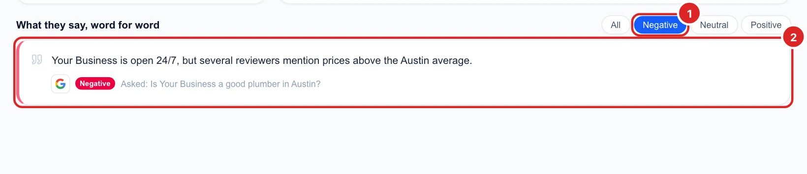 The quotes list filtered to Negative, showing one answer that mentions prices above the Austin average