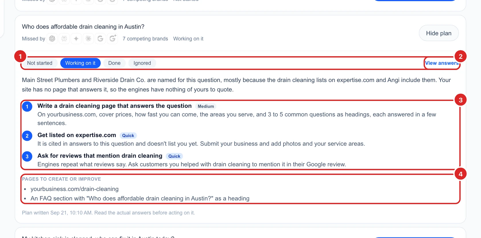 An open fix plan with status buttons, the reason, three numbered steps and the pages to create
