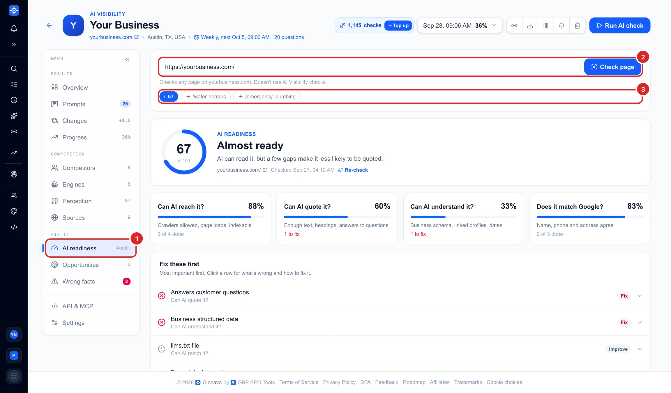 The AI readiness section with the page address box, the Check page button and page chips