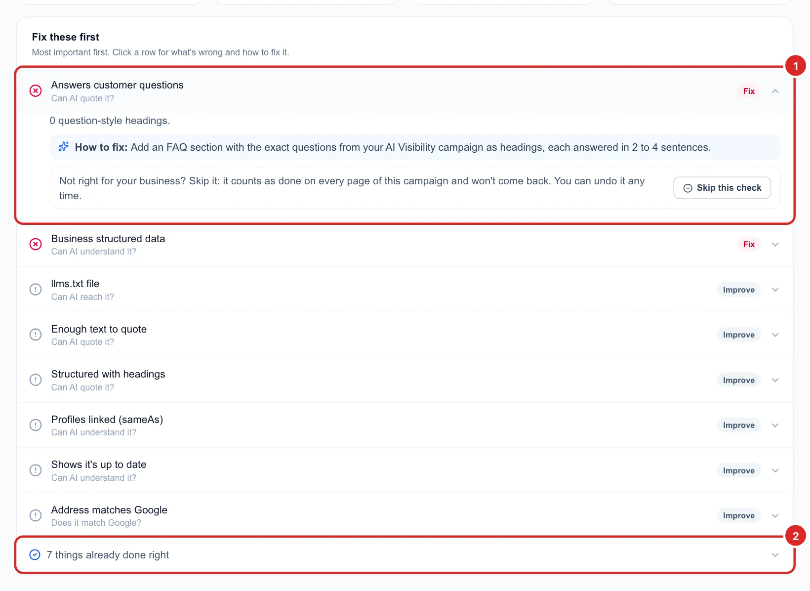 The Fix these first list with one row open showing what was found and how to fix it