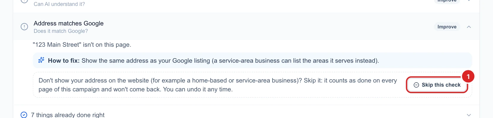 The Address matches Google check open with a Skip this check button