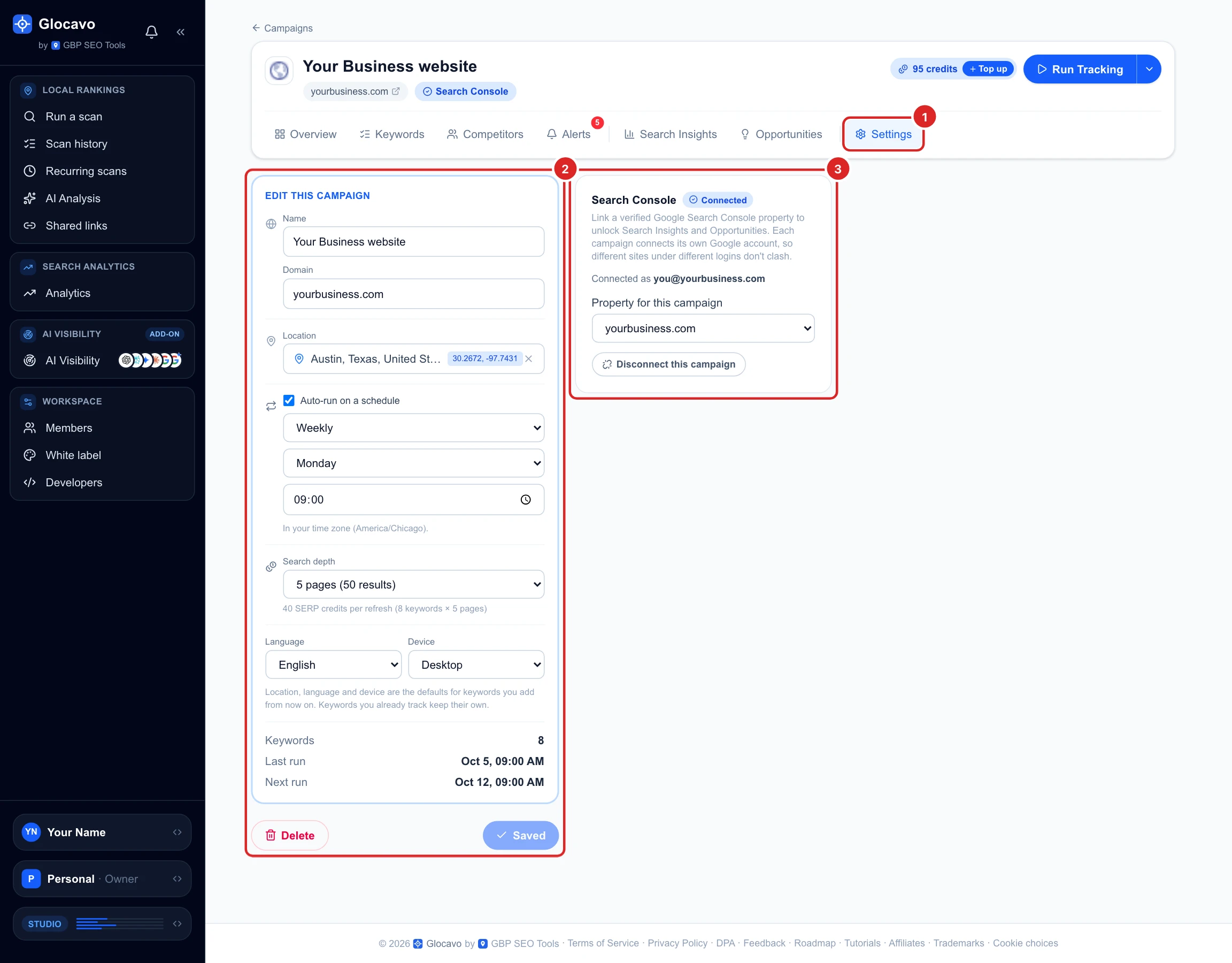 The Settings tab of the Your Business website campaign: name, domain, location, schedule, search depth, language and device on the left, and the connected Search Console card on the right
