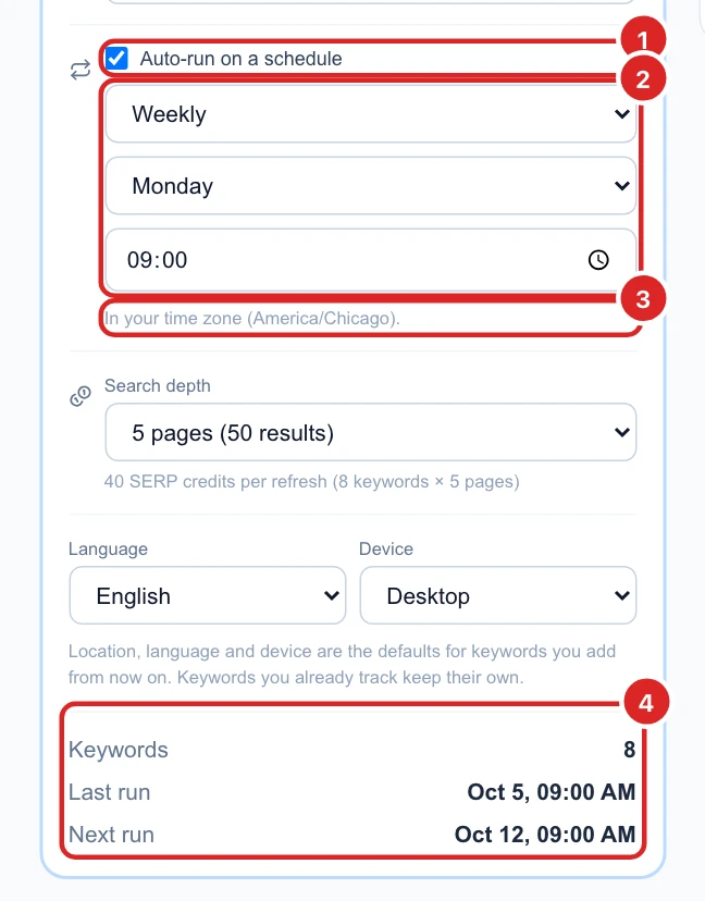 The schedule: Auto-run on a schedule ticked, Weekly, Monday, 09:00 in your time zone (America/Chicago), and Next run Oct 12, 09:00 AM
