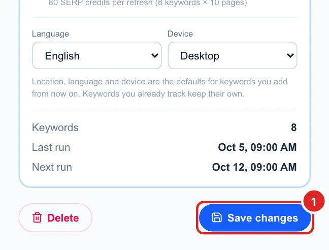 The bottom of the settings card with Delete on the left and the Save changes button on the right