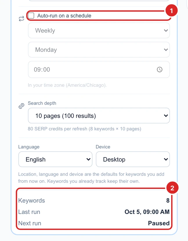 Auto-run on a schedule unticked, the schedule greyed out, and Next run showing Paused