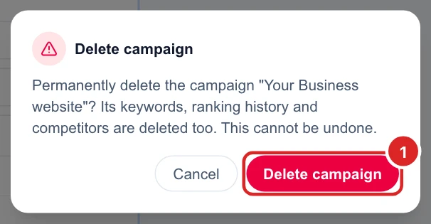 The Delete campaign confirmation: its keywords, ranking history and competitors are deleted too, this cannot be undone, with Cancel and Delete campaign buttons