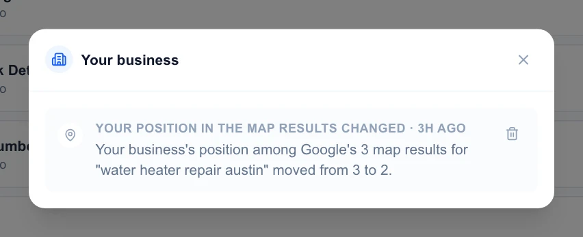 Your business: your position among Google's 3 map results for water heater repair austin moved from 3 to 2