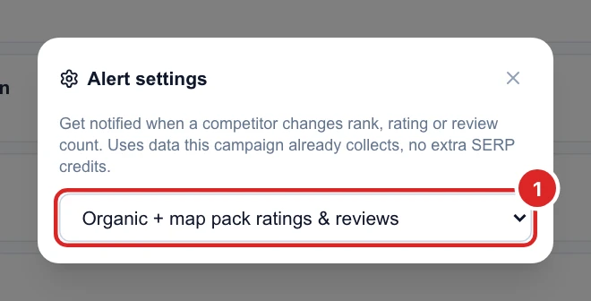 Alert settings with the choice Organic + map pack ratings & reviews