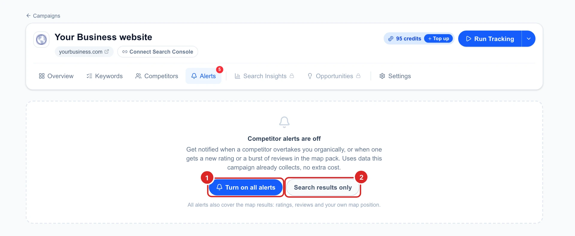 Competitor alerts are off, with the Turn on all alerts and Search results only buttons