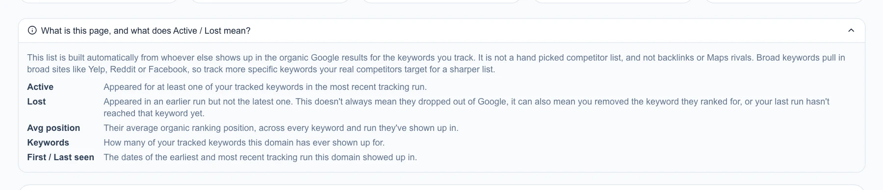 The explanation: the list is built from whoever shows up in the organic results for your keywords, with Active, Lost, Avg position, Keywords and First / Last seen explained
