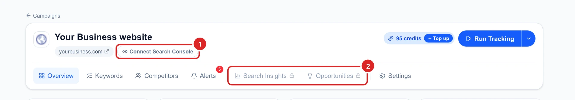 The campaign header with Connect Search Console under the domain, and the Search Insights and Opportunities tabs with a lock