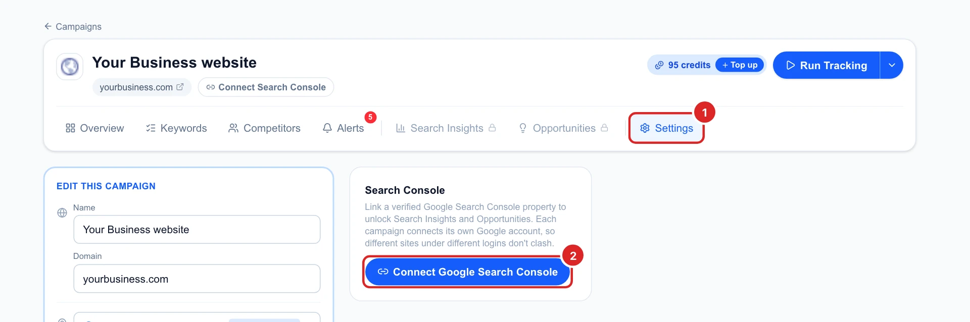 The campaign Settings with the Search Console card and its Connect Google Search Console button