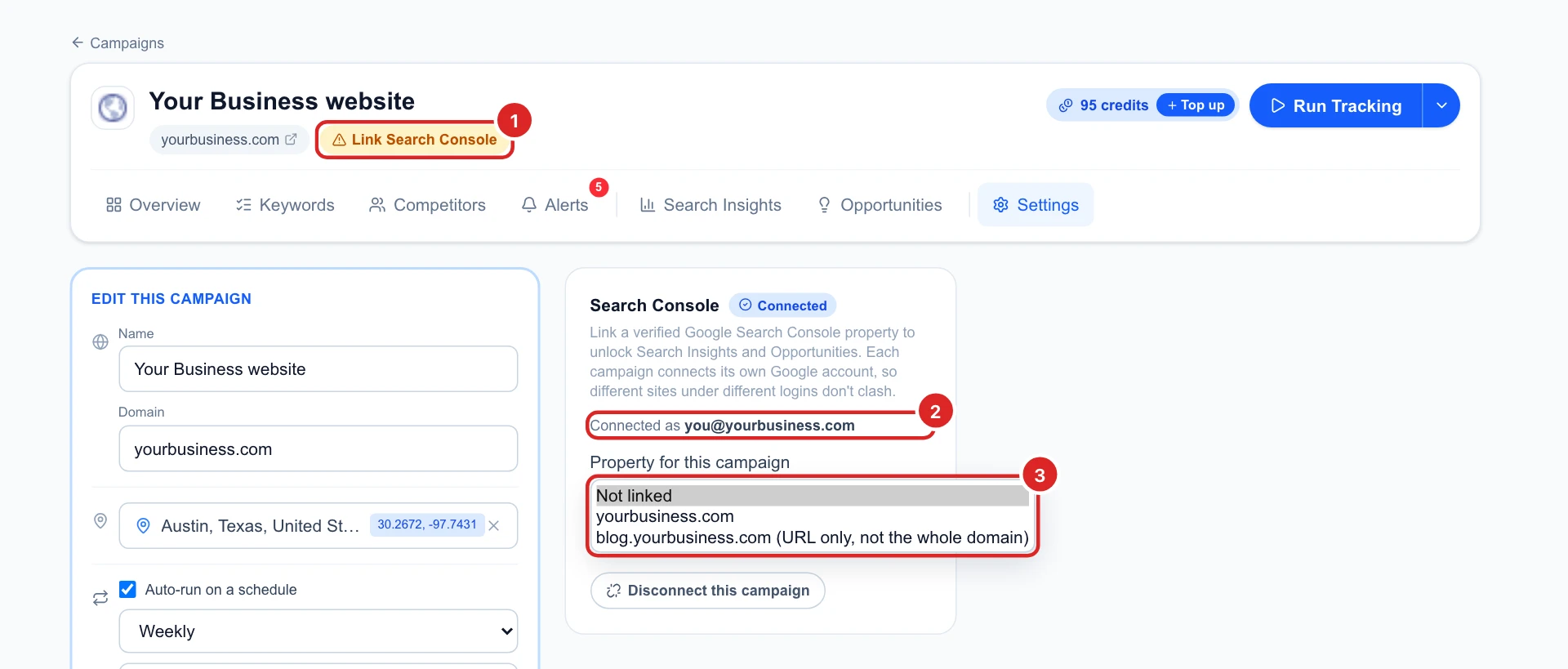 Search Console connected as you@yourbusiness.com, with the property list: Not linked, yourbusiness.com, and blog.yourbusiness.com (URL only, not the whole domain), and Link Search Console under the campaign name