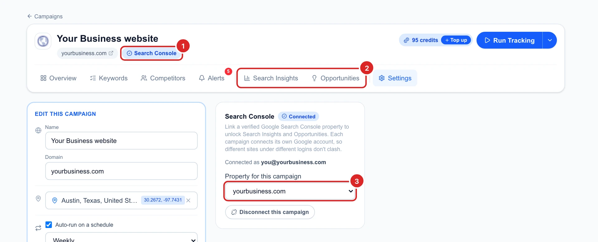 The campaign with a blue Search Console button, the Search Insights and Opportunities tabs unlocked, and yourbusiness.com picked as the property