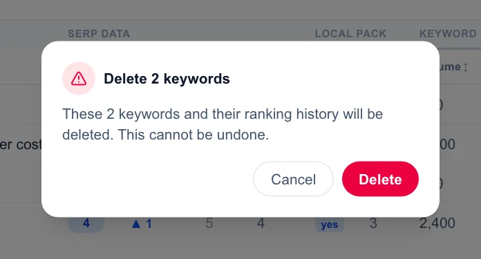 The Delete 2 keywords confirmation: these 2 keywords and their ranking history will be deleted, this cannot be undone
