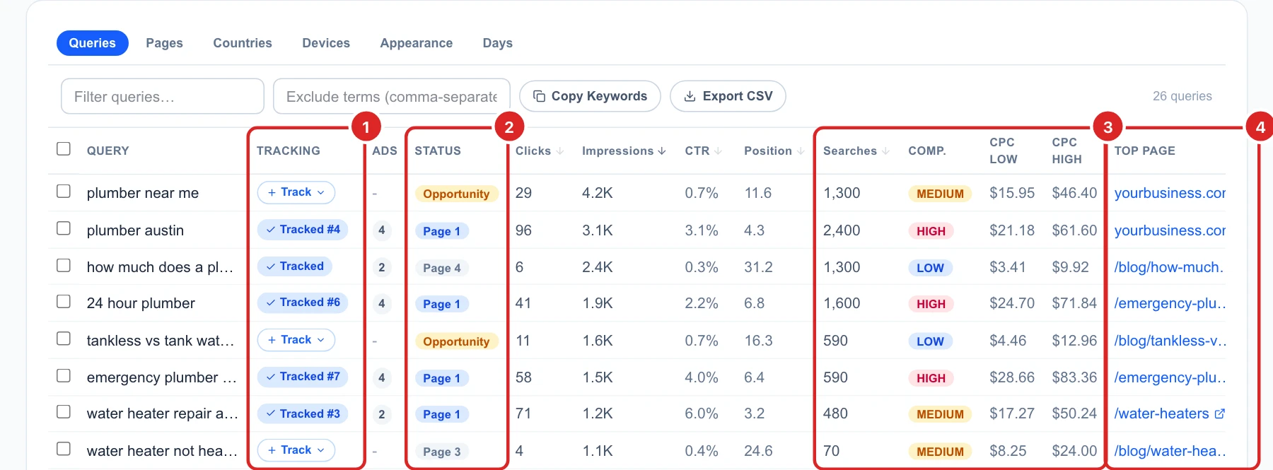 The Queries table with plumber near me (Opportunity, position 11.6), plumber austin (Tracked #4, Page 1) and more, with searches, competition, cost per click and the top page of each